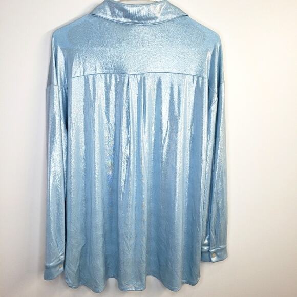INC International Hidden Button Up High Low Blouse Shimmer Blue Size 0X - Picture 3 of 10